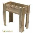 Cama de jardín elevada de madera con la URL del sitio web en el lateral para hortalizas naturales.