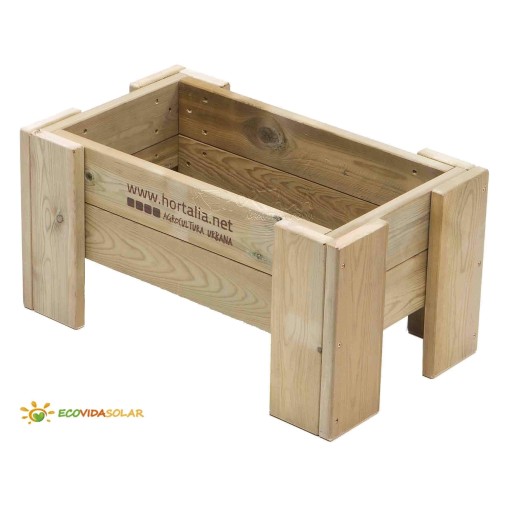 Jardinera rectangular de madera natural con patas, perfecta para decorar jardín.