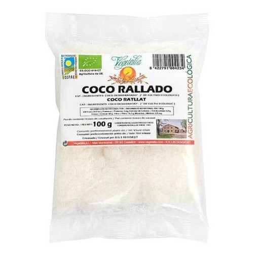 Una bolsa de Vegetalia coco rallado bio, 100g, de agricultura ecológica.