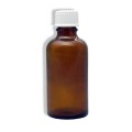 Una botella de vidrio ámbar de Medionic con tapón de rosca blanco.