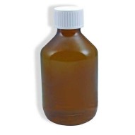 Medionic botella ámbar con tapón de rosca blanco, aislada sobre fondo blanco.