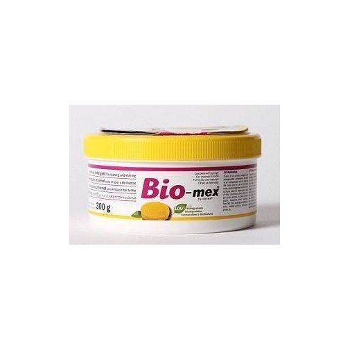 Envase redondo de limpiador Bio-mex con tapa amarilla, con detergente universal.
