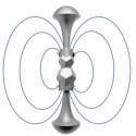 La escultura abstracta de plata con diseño de estructura de alambre circular azul encarna a Nayadel.