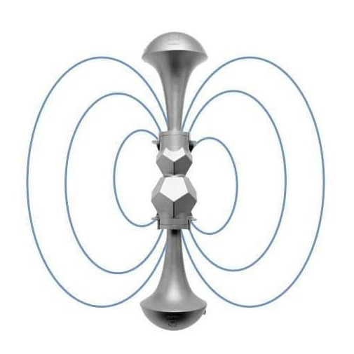 La escultura abstracta de plata con diseño de estructura de alambre circular azul encarna a Nayadel.