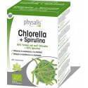 Caja de Spirulina complemento alimenticio con elementos de diseño verde.
