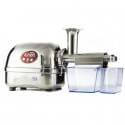 Exprimidor Angel AG-5500 en acero inoxidable con dos recipientes transparentes a su lado.