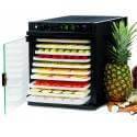 Deshidratador Sedona Express con puerta de cristal abierta, lleno de frutas en rodajas, al lado de una piña.