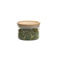 Tarro hermético de vidrio con tapa de madera, ideal para conservar alimentos.
