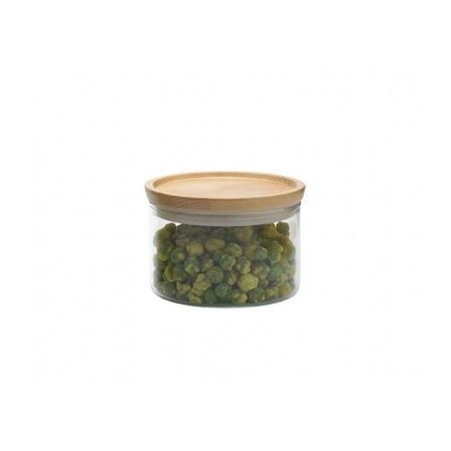 Tarro hermético de vidrio con tapa de madera, ideal para conservar alimentos.
