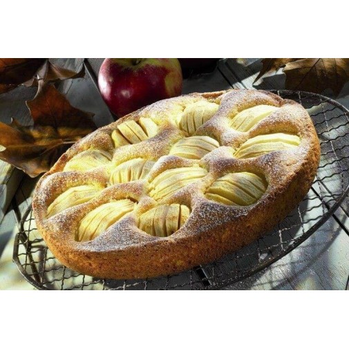 Tarta de manzana con azúcar glass sobre rejilla, horneada en molde de silicona platino.