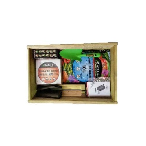 Kit huerto urbano: Caja de madera con semillas, herramientas y un disco de fibra de coco.
