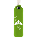 Flaska Flor de Loto: Botella vidrio libre de plomo con funda de neopreno y diseño de loto.