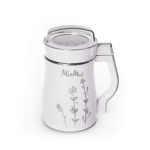 Aparato MioMat de color blanco con diseño floral, programas automáticos y tirador derecho.