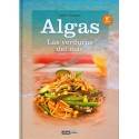 Portada de libro de cocina titulado "Algas: Nutrición del mar" con un plato de algas en la imagen.