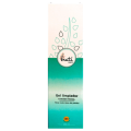 Caja de gel limpiador facial en color verde azulado y blanco con diseño de hojas ecológico.