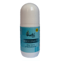 Desodorante roll-on ecológico con Aloe Vera y minerales sobre fondo blanco.