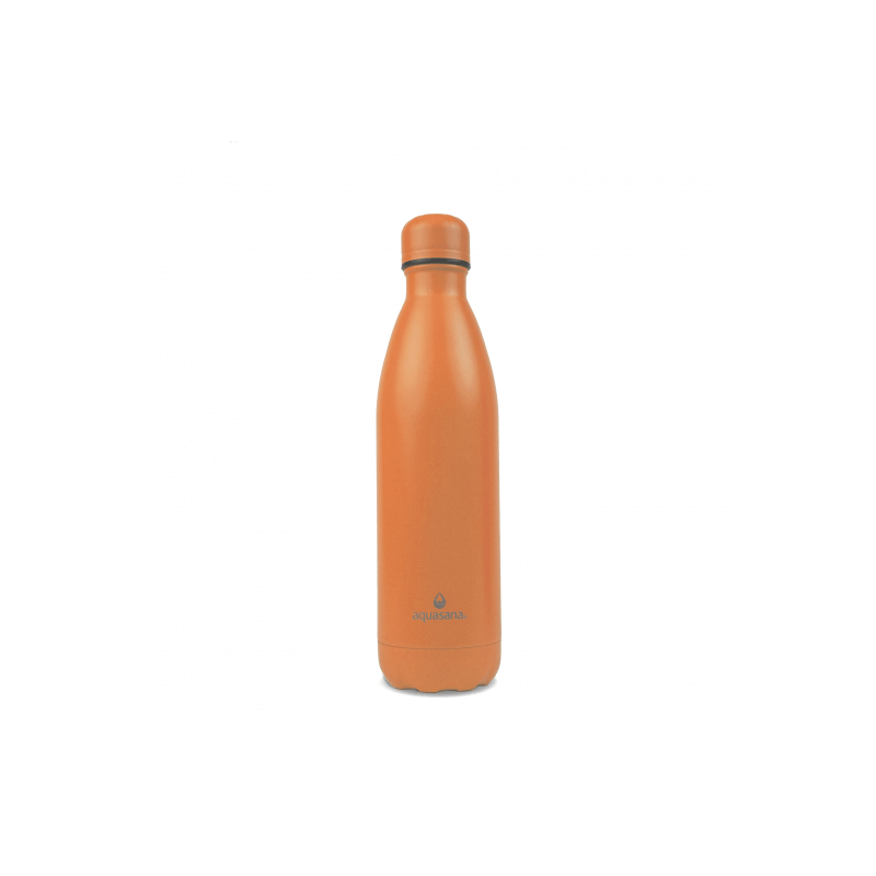 Termo de acero inoxidable Aquasana naranja sobre fondo blanco.