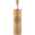 Botella de vidrio con funda de corcho y diseño geométrico.