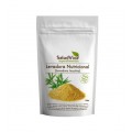 Paquete blanco de levadura nutricional adornado con un diseño de hojas verdes.