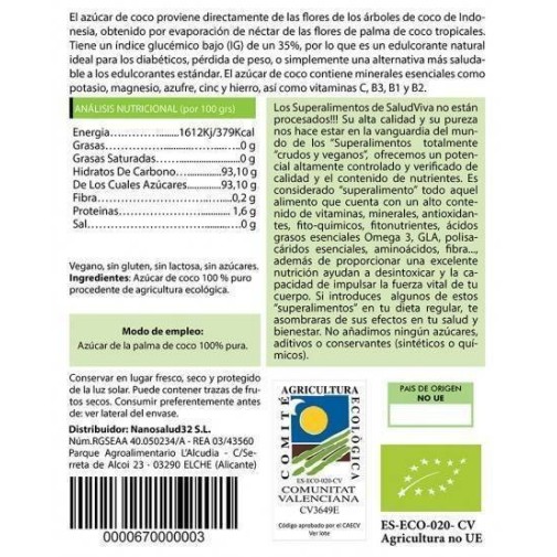 Envase de azúcar de coco SaludViva con información nutricional y certificaciones de salud.
