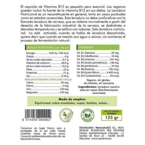 Reverso de un paquete de levadura nutricional con información sobre la vitamina B12 e instrucciones de uso en español.