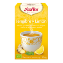 La caja amarilla de Yogi Tea, infusión con jengibre y limón, presenta la imagen de una taza.