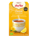 Caja de Yogi Tea Detox con Limón Amarillo que incluye una taza de té decorativa y un diente de león.