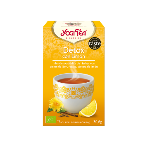 Caja de Yogi Tea Detox con Limón Amarillo que incluye una taza de té decorativa y un diente de león.