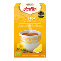 Caja de Yogi Tea Detox con Limón Amarillo que incluye una taza de té decorativa y un diente de león.