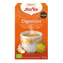 Caja Yogi Tea con hierbas y taza ilustración para mejorar la digestión.