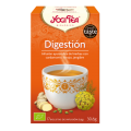 Caja Yogi Tea con hierbas y taza ilustración para mejorar la digestión.