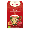 Caja de infusiones Yogi Tea Rosa con diseño floral en forma de taza de té.