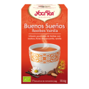 Caja Yogi Tea Buenos Sueños con diseño floral y relajante aroma a vainilla rooibos.
