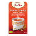 Caja Yogi Tea Buenos Sueños con diseño floral y relajante aroma a vainilla rooibos.