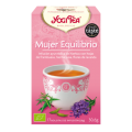 Caja rosa de Yogi Tea “Mujer Equilibrio” para el bienestar con una taza serena en el frente.