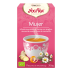 Caja de Yogi Tea Mujer sobre fondo rosa, adornada con arte herbal para el bienestar.