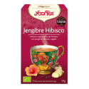Caja de Yogi "Té de Jengibre Hibisco" con ilustración decorativa de una taza de té.