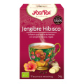 Caja de Yogi "Té de Jengibre Hibisco" con ilustración decorativa de una taza de té.