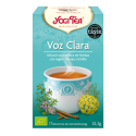 Voz Clara Yogi Tea, una infusión reconfortante con ilustraciones de té y hierbas.