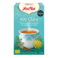 Voz Clara Yogi Tea, una infusión reconfortante con ilustraciones de té y hierbas.