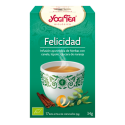 Caja de Té Verde Yogi etiquetada “Felicidad”, con taza y hierbas, prometiendo bienestar.