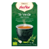 Una caja de Yogi Tea Green Harmony con té verde Sencha, que incluye una taza y flores blancas.