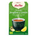 Caja de Té Verde Yogi Tea Sencha, Jengibre y Limón con taza, jengibre y rodaja de limón.