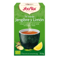 Caja de Té Verde Yogi Tea Sencha, Jengibre y Limón con taza, jengibre y rodaja de limón.