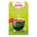 Packaging de Yogi Tea con diseño de lima, mostrando “Té Verde Matcha Limón.
