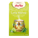 Caja de té Lima Yogi con acentos de menta, arte meditativo e imágenes de limón.