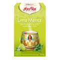 Caja de té Lima Yogi con acentos de menta, arte meditativo e imágenes de limón.