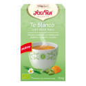 Caja de Yogi Tea con sabor aloe vera y una imagen de té blanco en el frente.