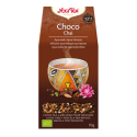 Caja Yogi Tea Choco Chai con taza de té, especias y cáscara de cacao.