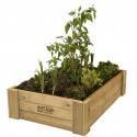 Cajón de cultivo de madera natural con plantas verdes y tierra.